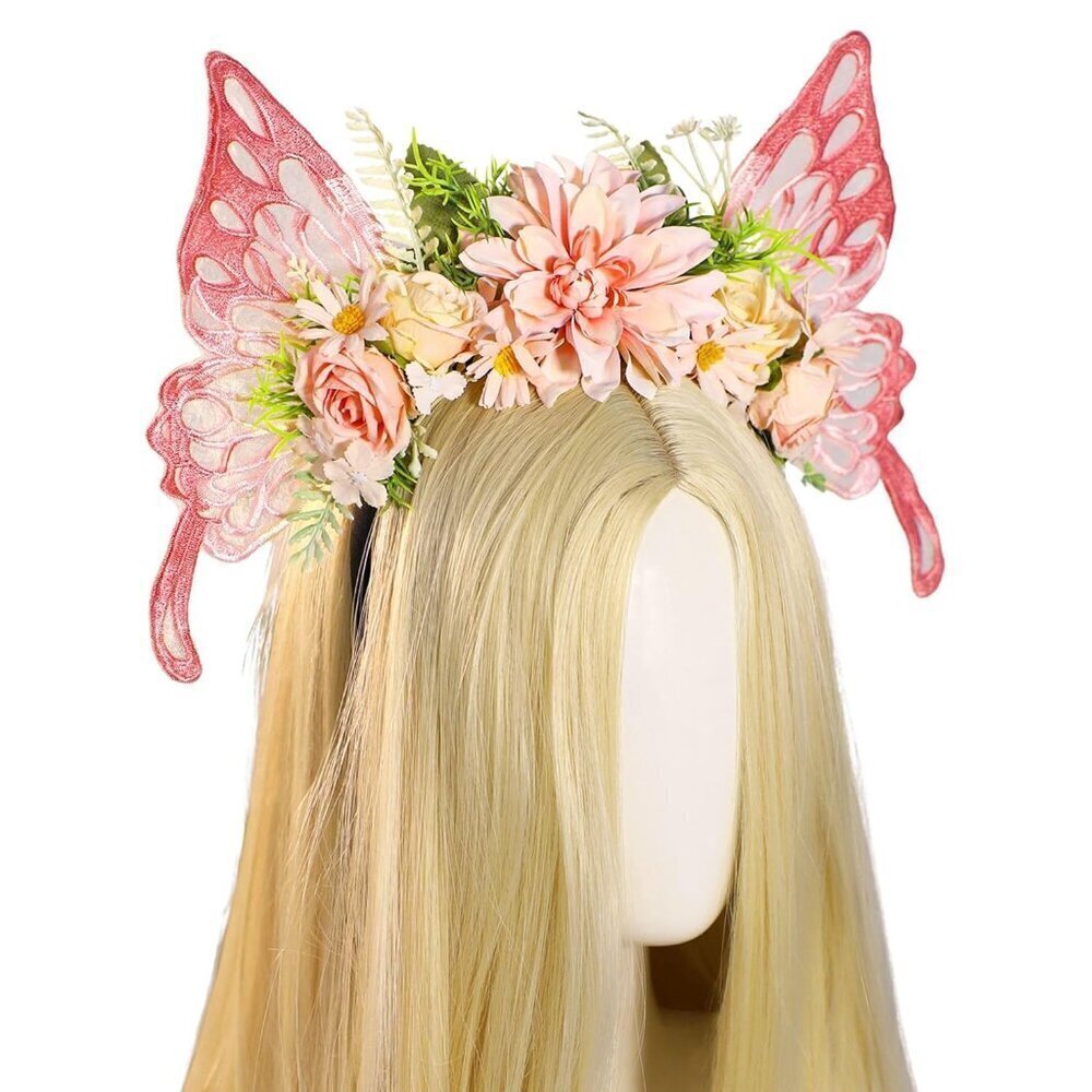 Pink Butterfly Fairy Headband - Flower Crown with Wings Woodland Floral Hairband